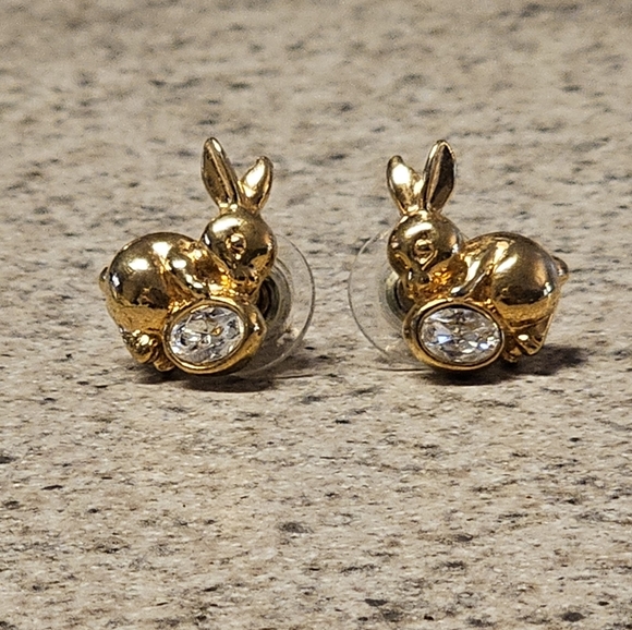 Vintage Goldtone Easter Bunnies with Rhinestone Eggs Pierced Earrings - Picture 1 of 4